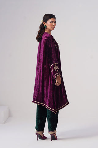 Deep Purple zardozi embroidered velvet kurta paired with emerald velvet pants and embroidered tissue chanderi stripe dupatta