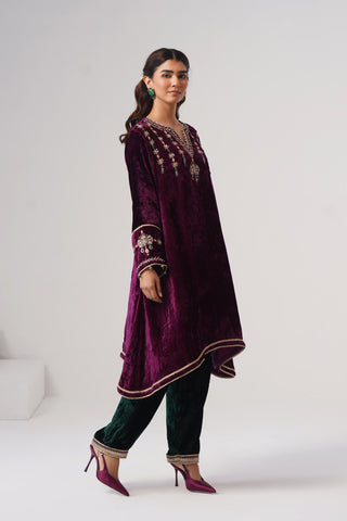 Deep Purple zardozi embroidered velvet kurta paired with emerald velvet pants and embroidered tissue chanderi stripe dupatta