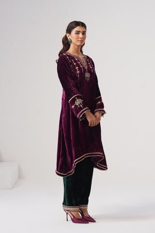 Deep Purple zardozi embroidered velvet kurta paired with emerald velvet pants and embroidered tissue chanderi stripe dupatta