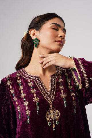 Deep Purple zardozi embroidered velvet kurta paired with emerald velvet pants and embroidered tissue chanderi stripe dupatta