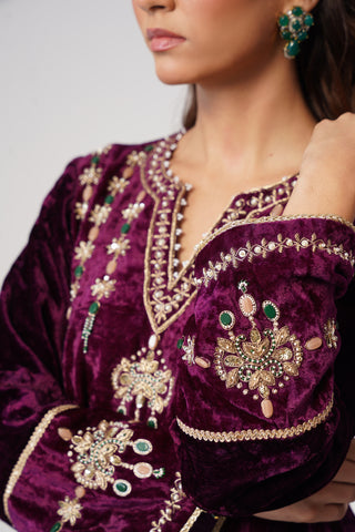 Deep Purple zardozi embroidered velvet kurta paired with emerald velvet pants and embroidered tissue chanderi stripe dupatta