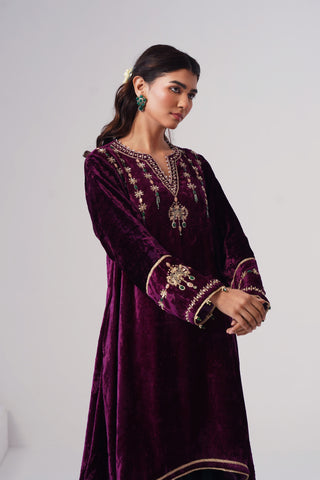 Deep Purple zardozi embroidered velvet kurta paired with emerald velvet pants and embroidered tissue chanderi stripe dupatta