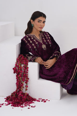 Deep Purple zardozi embroidered velvet kurta paired with emerald velvet pants and embroidered tissue chanderi stripe dupatta