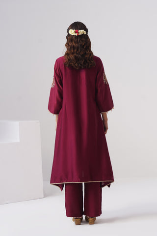 Maroon zardozi embroidered chanderi silk kurta set