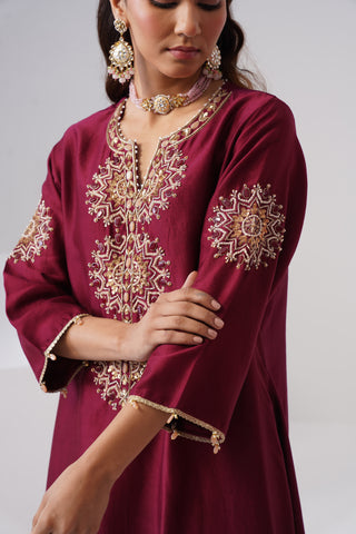 Maroon zardozi embroidered chanderi silk kurta set