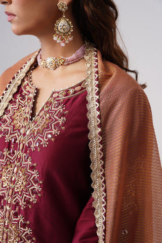Maroon zardozi embroidered chanderi silk kurta set