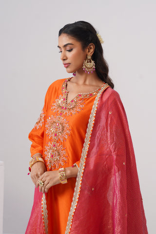 Mango Yellow zardozi embroidered chanderi silk kurta set