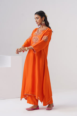 Mango Yellow zardozi embroidered chanderi silk kurta set