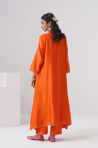 Orange zardozi embroidered chanderi silk kurta set