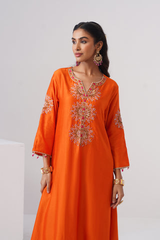 Orange zardozi embroidered chanderi silk kurta set