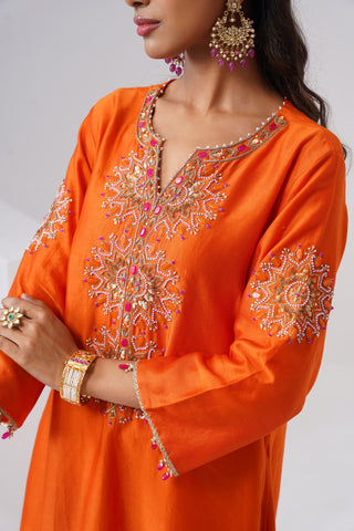 Mango Yellow zardozi embroidered chanderi silk kurta set