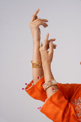 Orange zardozi embroidered chanderi silk kurta set