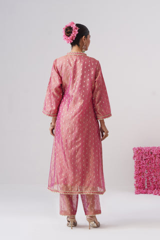 Pink pearl embroidered crushed tissue silk angrakha set