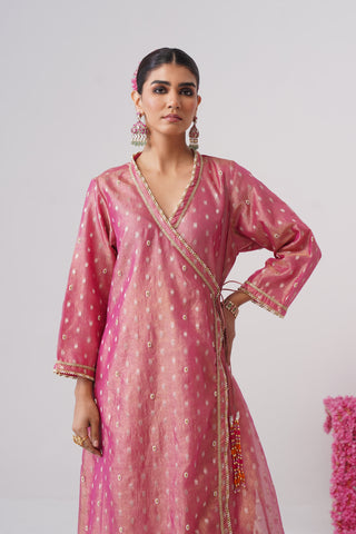 Pink pearl embroidered crushed tissue silk angrakha set