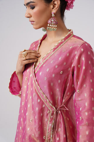 Pink pearl embroidered crushed tissue silk angrakha set