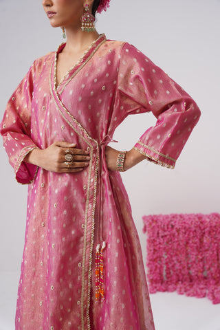 Pink pearl embroidered crushed tissue silk angrakha set