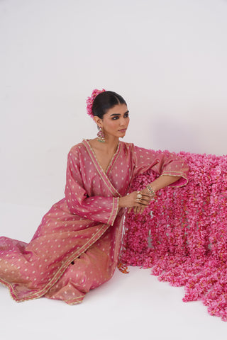 Pink pearl embroidered crushed tissue silk angrakha set