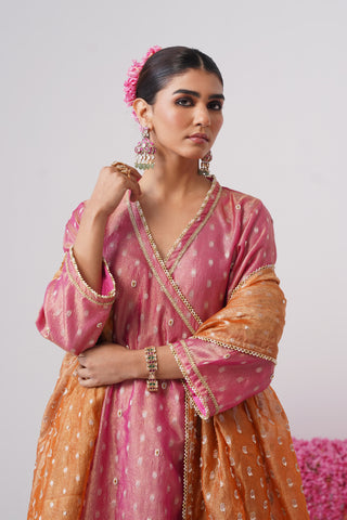 Pink pearl embroidered crushed tissue silk angrakha set
