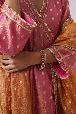 Pink pearl embroidered crushed tissue silk angrakha set