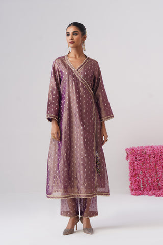 Purple pearl embroidered crushed tissue silk angrakha Set