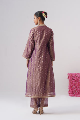 Purple pearl embroidered crushed tissue silk angrakha Set