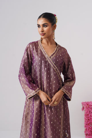 Purple pearl embroidered crushed tissue silk angrakha Set