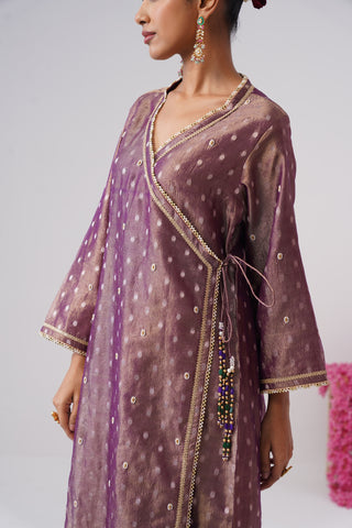 Purple pearl embroidered crushed tissue silk angrakha Set