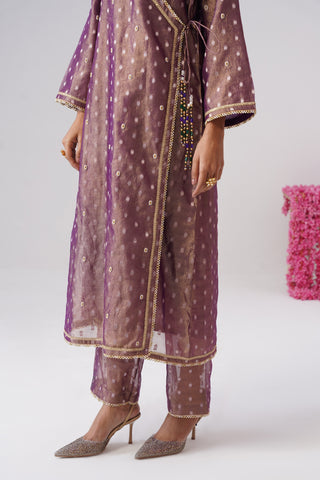 Purple pearl embroidered crushed tissue silk angrakha Set