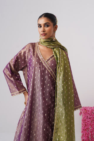 Purple pearl embroidered crushed tissue silk angrakha Set