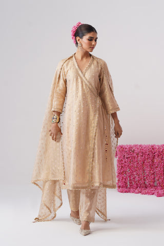 Gold pearl embroidered crushed tissue silk angrakha set