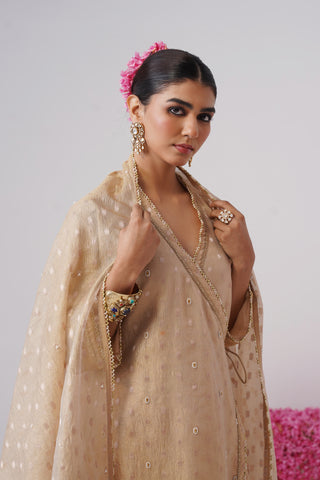 Gold pearl embroidered crushed tissue silk angrakha set