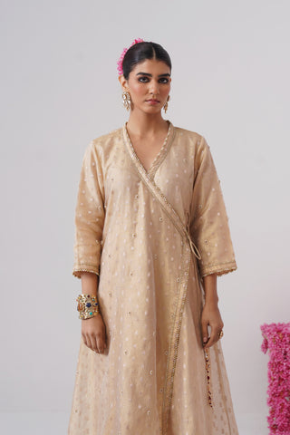 Gold pearl embroidered crushed tissue silk angrakha set