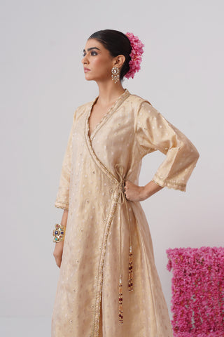 Gold pearl embroidered crushed tissue silk angrakha set