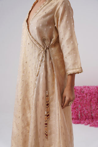 Gold pearl embroidered crushed tissue silk angrakha set