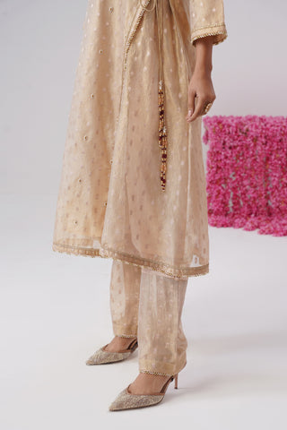 Gold pearl embroidered crushed tissue silk angrakha set