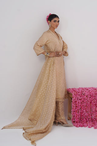 Gold pearl embroidered crushed tissue silk angrakha set