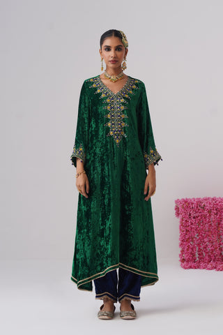 Electric Green zardozi embroidered velvet kurta paired with royal blue velvet pants and embroidered organza silk dupatta