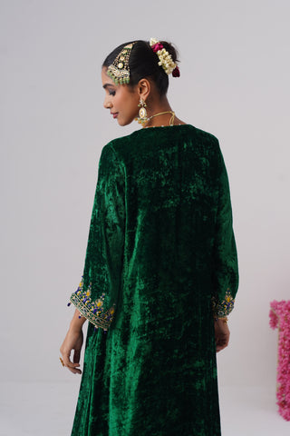 Electric Green zardozi embroidered velvet kurta paired with royal blue velvet pants and embroidered organza silk dupatta