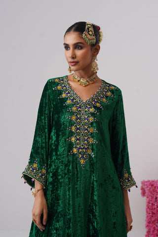 Electric Green zardozi embroidered velvet kurta paired with royal blue velvet pants and embroidered organza silk dupatta