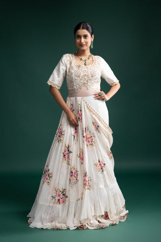 Ivory Floral Printed Ruffle Gown with Detailed Blouse Bodice