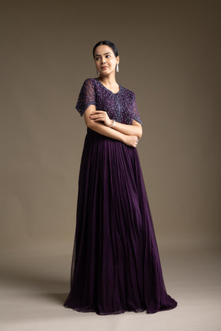 Imperial Plum Hand-Embroidered Gown with Flowy Skirt Detailing