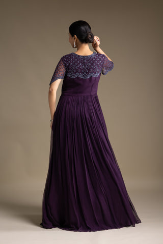 Imperial Plum Hand-Embroidered Gown with Flowy Skirt Detailing