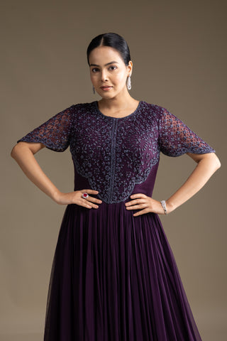 Imperial Plum Hand-Embroidered Gown with Flowy Skirt Detailing