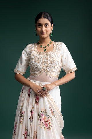 Ivory Floral Printed Ruffle Gown with Detailed Blouse Bodice