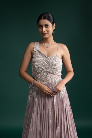 Dusty Rose Pink One-Shoulder Gown with Beaded Florals and Pleated Skirt