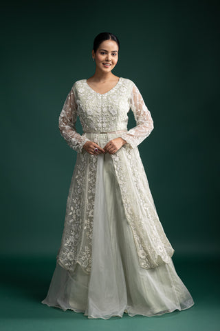 Mint Green Sheer Embroidered Net Jacket with Inner Dress