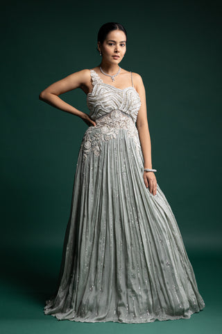 Serene Mint Green Gown with Delicate Floral Appliqué and Soft Pleats