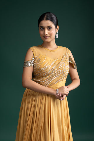 Elegant Golden Mustard Gown with Cut-out Sleeve Embellishment