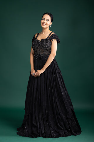 Midnight Noir Hand Embroidered Gown with Dramatic Tassel Detailing