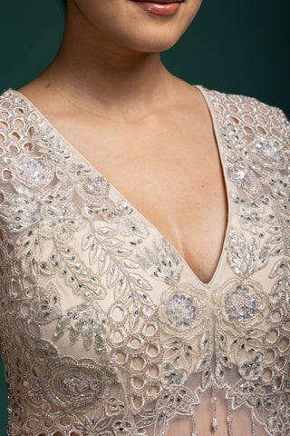 Exquisite Ivory Layered Gown with Intricate Embroidery Detailing